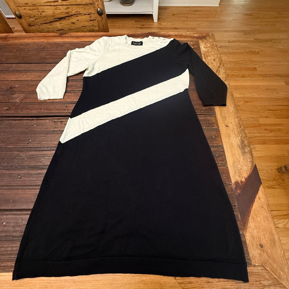 Black Label by Evan-Picone Colorblock Sweater Dress Black Cream Gold Button L